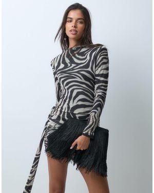ASOS Printed Zebra Animal Mesh Deep Cowl Mini Dress With exaggerated Sash And Shoulder Pads - Gray