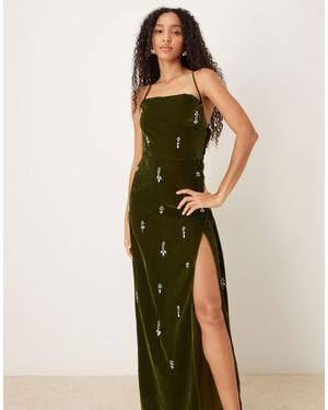Hope & Ivy Cowl Neck Embellished Velvet Maxi Dress - Green