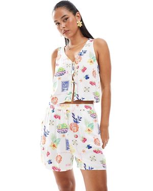 ONLY Pantalones Cortos Sin Cierres Con Estampado De Postal De (Parte De Un Conjunto) - Blanco