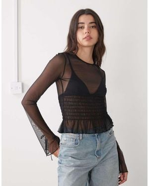 Monki Sheer Cinched Waist Mesh Top - Black