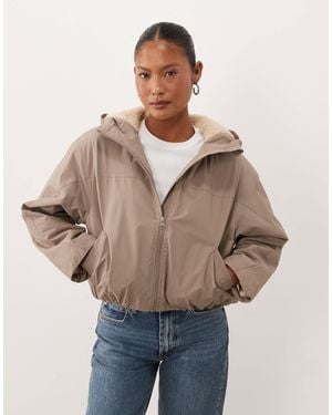 ASOS Asos Design Petite Short Hooded Rain Coat With Borg Liner - Natural