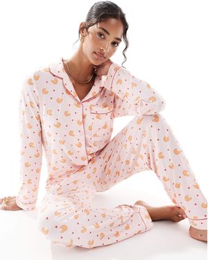 Chelsea Peers – pyjama aus polyester mit croissant-muster bestehend aus langärmligem oberteil mit reverskragen und hose - Pink