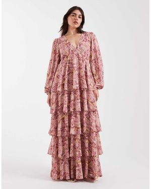Pretty Lavish Curve Ashton Ruffle V Neck Long Sleeved Maxi Dress - Red