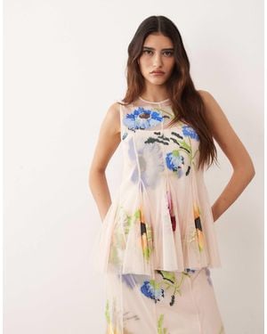 ARRANGE Pleated Embroidered Floral Top - White