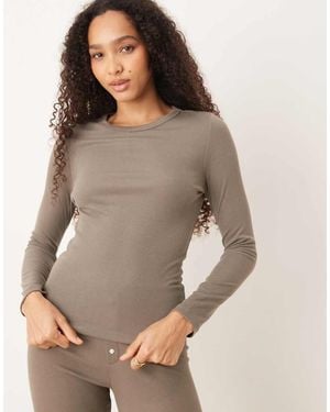 Mango Ribbed Knit Round Neck Long Sleeve Pyjama Top Co-ord On Mushroom - Grey