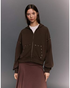Bershka Zip-up Studded Hood Sweatshirt - Brown