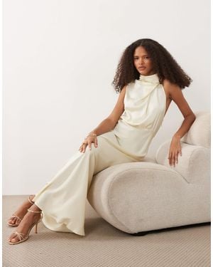 Vila High Neck Satin Maxi Dress - Natural