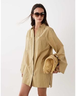 ASOS Cotton Linen Mini Shirt Dress With Wide Cuffs And Oversized Pockets - Natural