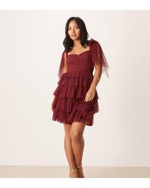 LACE & BEADS Bow Shoulder Tulle Ruffle Mini Dress - Red