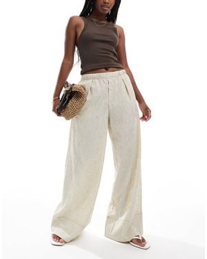 Bershka Wide Leg Seersucker Trousers - Natural