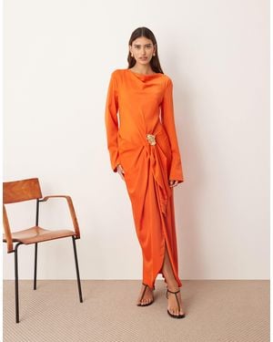 ARRANGE Long Sleeve Drape Maxi Dress With Molten Metal Trim - Orange