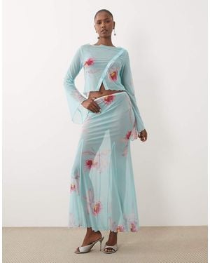 ASOS Doorschijnende Maxi Co-Ord Rok Met Blauwe Bloemenprint
