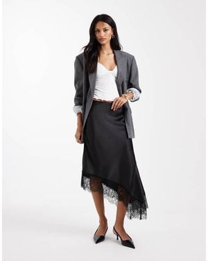 ASOS Satin Asymmetric Lace Trim Midi Skirt - White