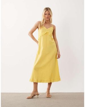 Vila Vestido Largo De Tirantes Con Ribete De Volante De Algodón - Amarillo