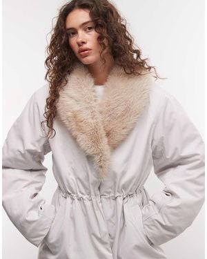 Monki Faux Fur Cinched Puffer Coat - Grey