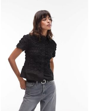 Collusion Ruched Short Sleeve Fitted Poplin Shirt - Black