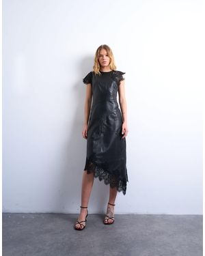 TOPSHOP Robe mi-longue avec empiècements en dentelle et cuir - Blanc