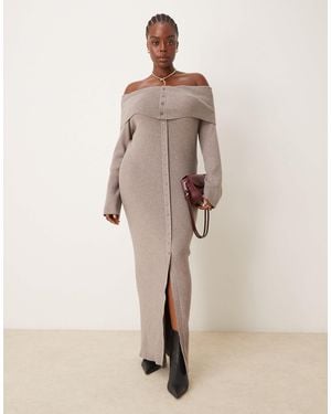 Pretty Lavish Curve Button Bardot Knit Maxi Dress - Natural