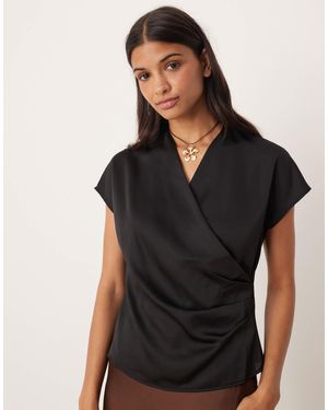 Vila Satin Wrap Detail Top - Black
