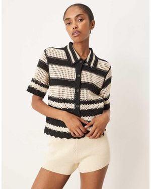 Y.A.S Crochet Stripe Short Sleeve Cardigan - Natural