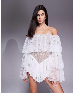 The Dolls House Madonna Lace Off Shoulder Flower Detail Playsuit - White