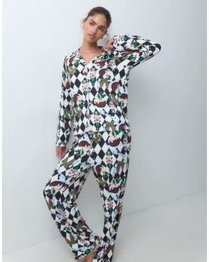 Loungeable Christmas Rever Button Up Shirt And Trouser Pyjama Set - White