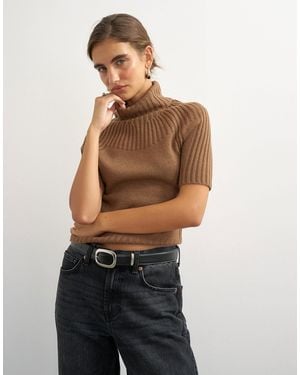 TOPSHOP Knitted Rib Yoke Funnel Neck Top - Multicolor