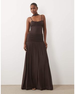 ASOS Maxi Jurk Van Mesh Met Gerimpelde Buste En Sjaaldetail - Bruin