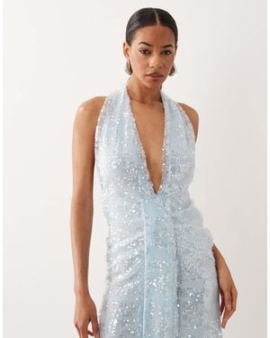 ASOS Sequin Plisse Plunge Halter Maxi Dress With Scarf Detail - White