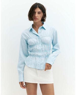 Pull&Bear Striped Gathered Long Sleeve Shirt - Blue