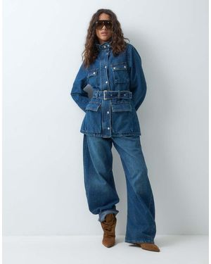 ASOS Funnel Neck Utility Denim Jacket With Belt - Blue