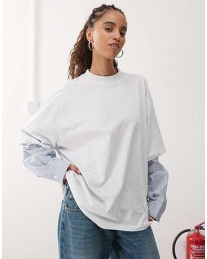 Lioness 2-in-1 Oversized T-shirt Overlay And Striped Long Sleeve Shirt - White