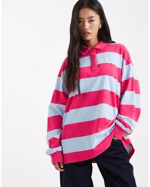 Collusion Oversized Striped Rugby Polo Shirt - Pink