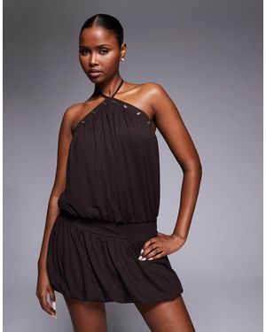 Tiger Mist Natasha Eyelet Detail Halterneck Dropped Waist Mini Dress - Grey