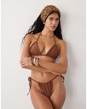Reclaimed Vintage Tie Side Bikini Bottoms With Frills - Brown