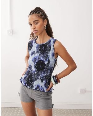 Monki Smock Shirred Sleeveless Tank With Frill Edge - Blue