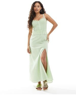 Miss Selfridge Cheesecloth Maxi Corset Dress With Ribbon Trims - Green