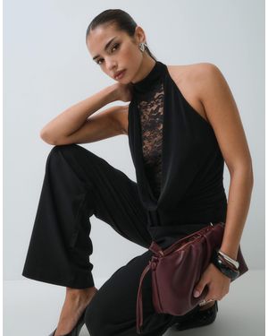 ASOS Deep Plunge Cowl Neck Halter Top With Lace Panel - Black