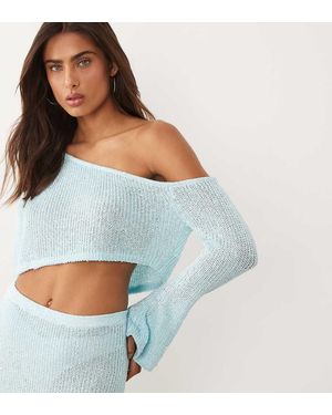 Wanderdoll Gigi Metallic Knit Long Sleeve Off The Shoulder Top - Blue