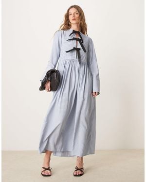 Ghospell Bow Detail Stripe Midi Dress - White