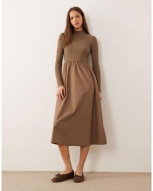 Threadbare High Neck Jersey Poplin Mix Midi Dress - Natural