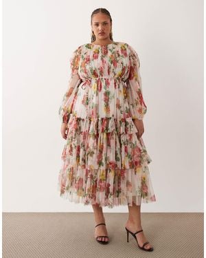 Lace & Beads Plus Tulle Sheer Balloon Sleeve Tiered Midaxi Dress - Natural