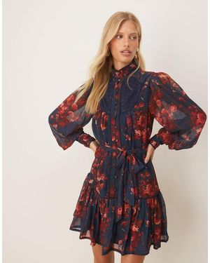 Hope & Ivy Chiffon High Neck Balloon Sleeve Dropped Waist Mini Dress - Multicolour
