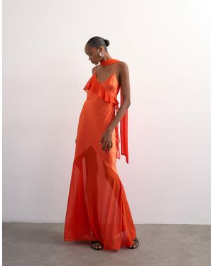 TOPSHOP Mixed Fabric Ruffle Detail Maxi Slip - Red