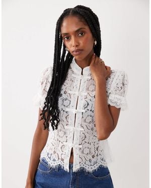 Miss Selfridge Lace Top With High Neck And Button Detail - White
