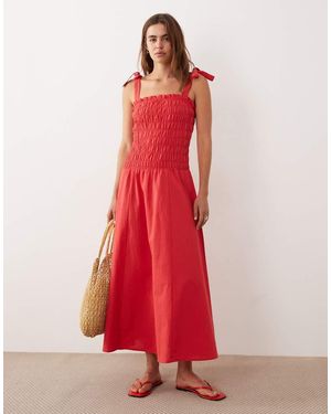 esmé studios Vestito Da Mare Lungo Con Spalline Annodate E Arricciato - Rosso