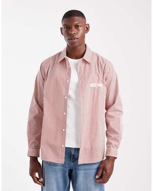 ASOS Regular Fit Stripe Shirt With Chest Embroidery - Pink
