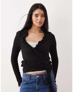 Mango V Neck Cardigan With Frill Detail - Black