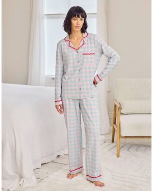 Chelsea Peers Long Pyjama Set With Embroidery And Frill Detail - Natural