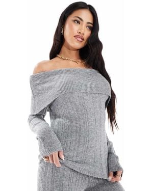 In The Style Foldover Bardot Rib Knitted Jumper - Grey